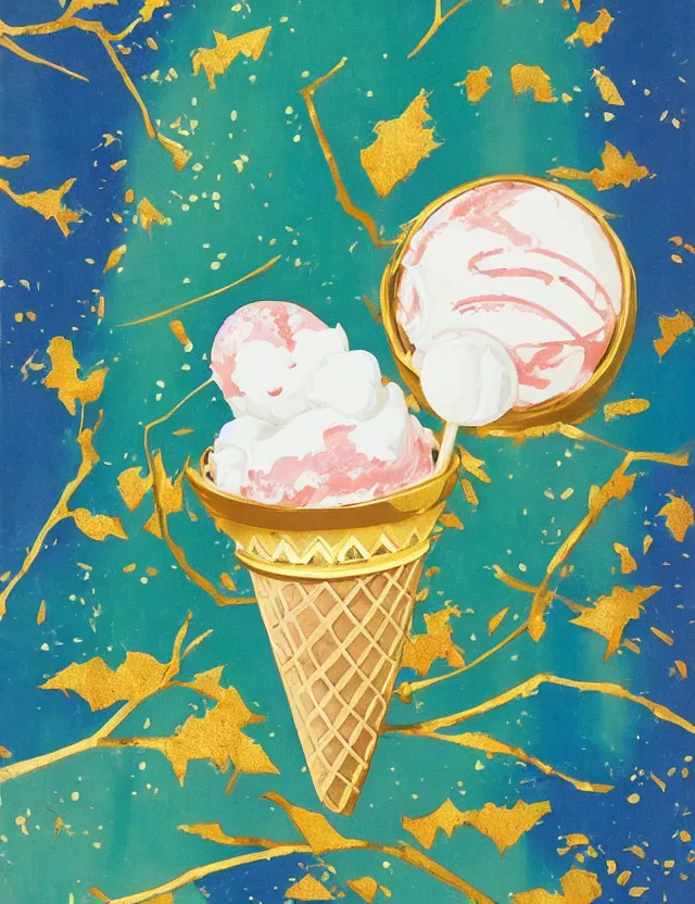 Image similar to ice cream spirit lost in a forest. this gouache and gold leaf work by the award - winning mangaka has a beautiful composition.