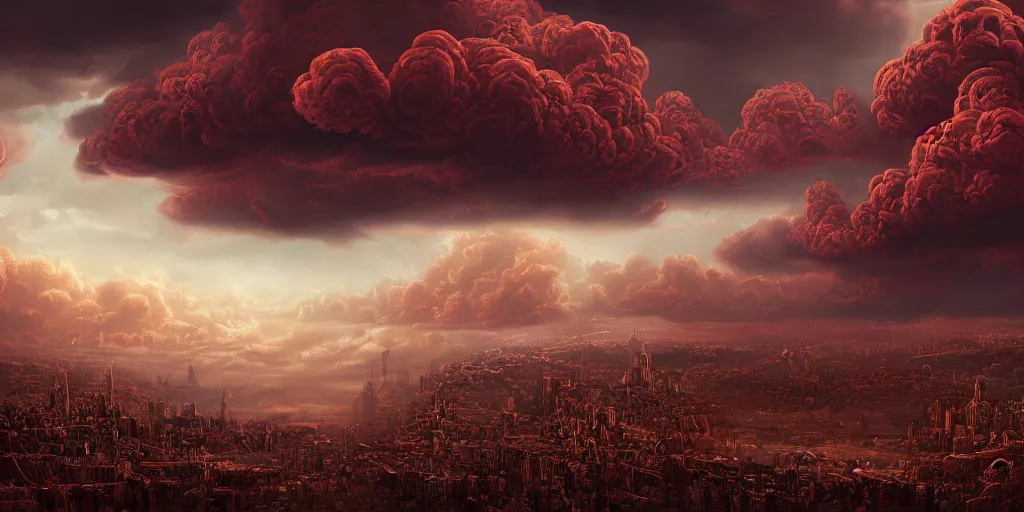 Prompt: dark red cumulonimbus clouds, in style of Doom, insanely detailed and intricate, golden ratio, elegant, ornate, unfathomable horror, elite, ominous, haunting, matte painting, cinematic, cgsociety, Andreas Marschall, James jean, Noah Bradley, Darius Zawadzki, vivid and vibrant