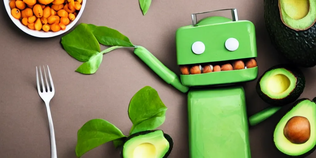 Image similar to robot with avocado head and cute eyes that has forks instead of arms