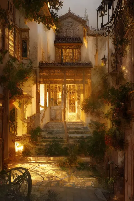 Prompt: a beautiful spanish abode, intricate, elegant, volumetric lighting, scenery, digital painting, highly detailed, artstation, sharp focus, illustration, concept art,ruan jia, steve mccurry