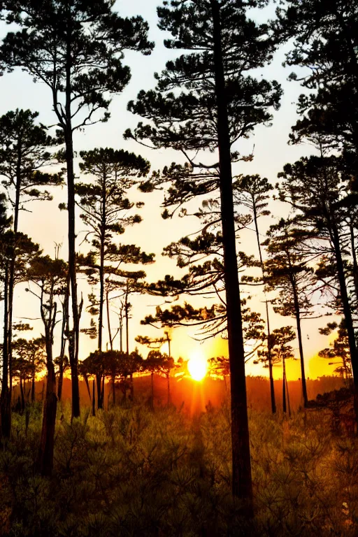 Prompt: white robot stands at the edge of a pine forest at sunset. Sunset layered cloud sky. Sunset colour. Swirls layers clouds. Geoff darrow and Anna dittmann. Pine forest trees at sunset.