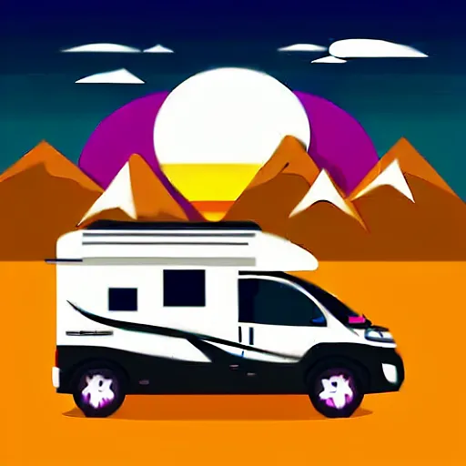 Image similar to vector art of a white and black cute thor chateau! motorhome camper!!, highway, mountains and colorful sunset!!, very very happy, dramatic motion, warm colors, crisp lines, very minimal vector art, sticker!! by tom whalen