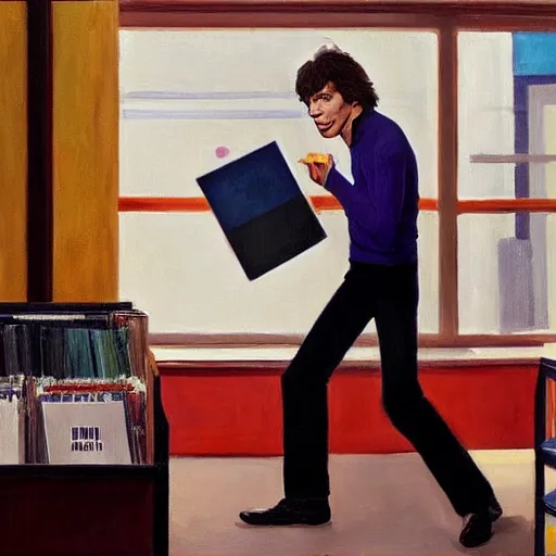 Image similar to a portrait painting of mick jagger working in a record store in 1 9 6 9, artistic, in the style of edward hopper