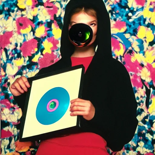 Prompt: close - up, photo of girl in realistic bird mask, in a hoodie, holding a vinyl record, 9 0 - s fashion, polaroid photo, by warhol,