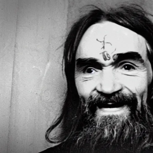 Image similar to Photo of Charles Manson smiling and giving the peace sign, circa 1970