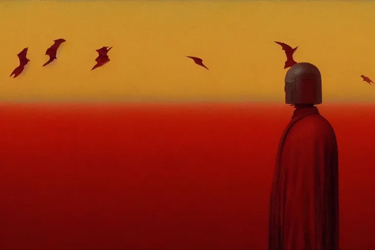 Image similar to only with red, a red dystopic knight, venice, flock of birds in the red sky, in the style of beksinski, parts by edward hopper, parts by rodcenko, parts by yue minjun, intricate and epic composition, red by caravaggio, insanely quality, highly detailed, masterpiece, red light, artstation, 4 k