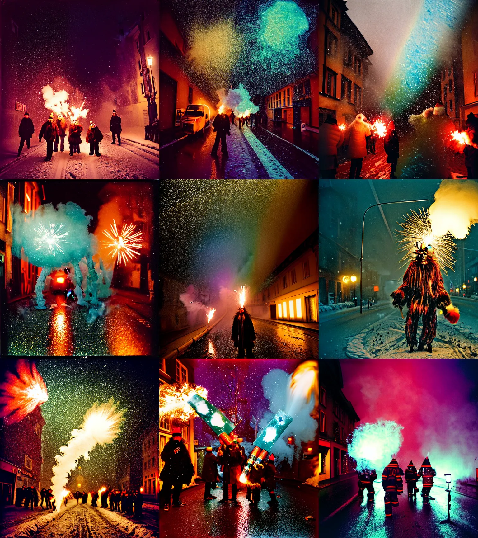 Image similar to kodak portra 4 0 0, wetplate, winter, snowflakes, rainbow coloured rockets, chaos, glitter tornados, award winning dynamic photo of a bunch of hazardous krampus between exploding fire barrels by robert capas, motion blur, in a narrow lane in salzburg at night with colourful pyro fireworks and torches, teal lights