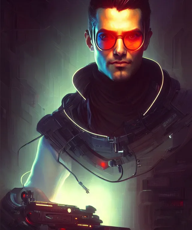 Image similar to Hacker cyberpunk man portrait, highly detailed, digital painting, artstation, concept art, smooth, sharp focus, illustration, art by artgerm and greg rutkowski and alphonse mucha