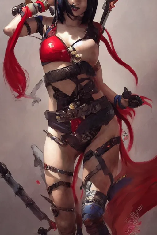 Prompt: portrait of asian Harley Quinn in bikini armor, dc comics, cyberpunk, Warhammer 40000, dark fantasy, digital art from artstation by Ruan Jia and Mandy Jurgens and Artgerm and william-adolphe bouguereau