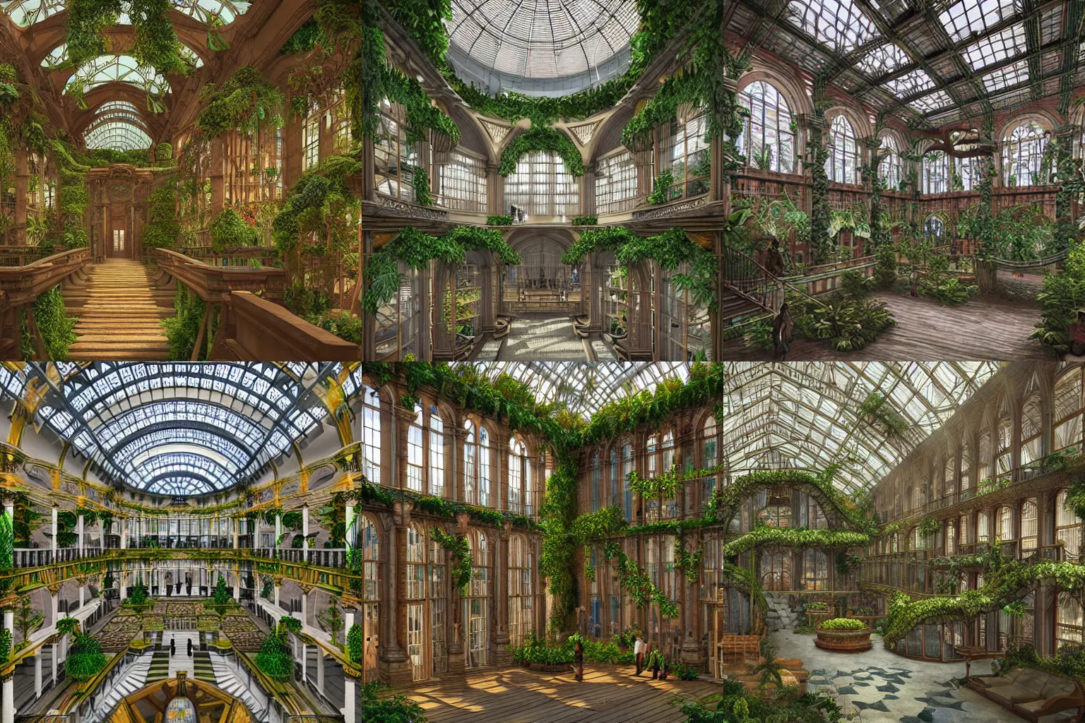 Prompt: interior view of giant botanical museum, in the style of 19th century architecture, fantastical digital art trending in artstation