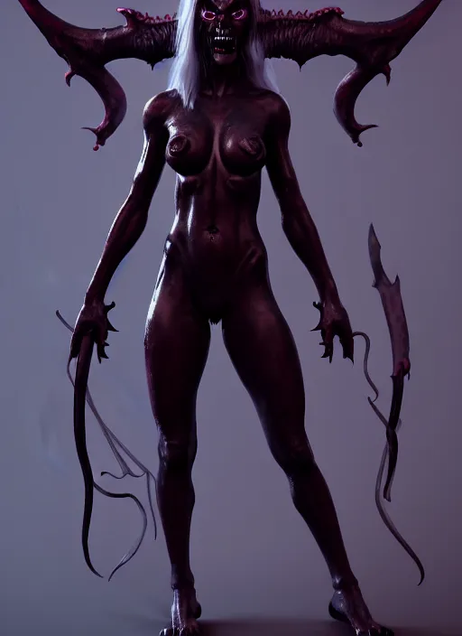 Image similar to female demon by Felix englund, full body, detailed, 8k, dark atmosphere, trending on artstation, art by felix englund, high resolution, face face, full body, background