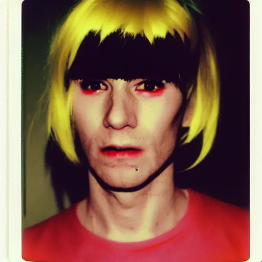 Image similar to Polaroid Portrait of Andy Warhol doing anime cosplay, taken in the 1970s, photo taken on a 1970s polaroid camera, grainy, real life, hyperrealistic, ultra realistic, realistic, highly detailed, epic, HD quality, 8k resolution, body and headshot, film still, front facing, front view, headshot and bodyshot, detailed face, very detailed face