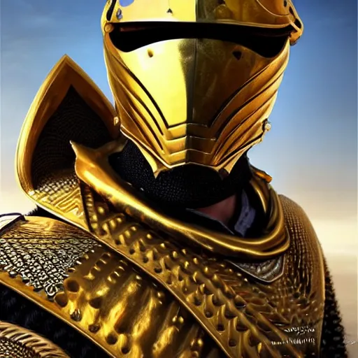 Image similar to Hyper-realistic photo of the King of the Desert, Gold Armour suit, Sword, handsome attractive face, attractive young man, beautiful face, dramatic lighting, majestic, D&D, fantasy, elegant, intricate, highly detailed, digital painting, concept art, sharp focus, illustration, trending on artstation, art by artgerm and greg rutkowski and alphonse mucha