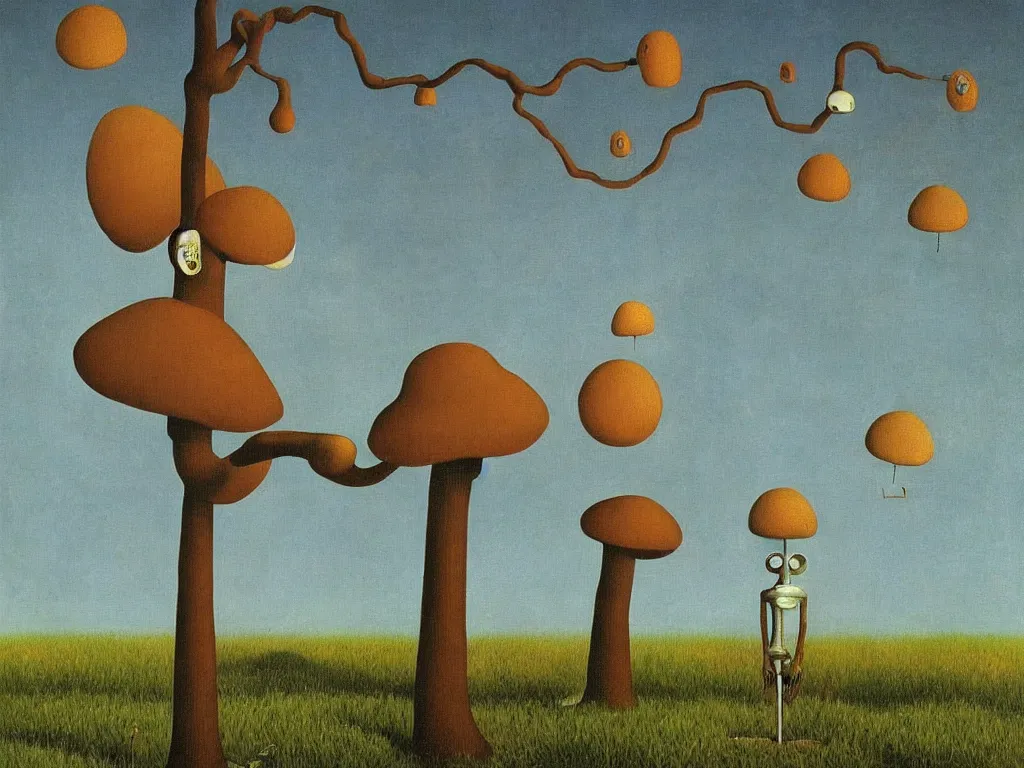 Prompt: surrealist painting of an single old robot leaning against a tree, mushrooms, award winning, classic painting, by Rene Magritte