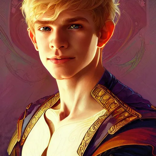 Prompt: an epic fantasy comic book style portrait painting of a young blonde boy thief, d & d, fantasy, joyful smirk, intricate, elegant, highly detailed, digital painting, artstation, concept art, matte, sharp focus, illustration, art by artgerm and greg rutkowski and alphonse mucha