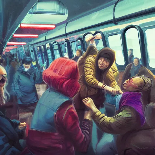 Image similar to fight between grandmas in the train moscow-ryazan, cyberpunk, neon, concept art