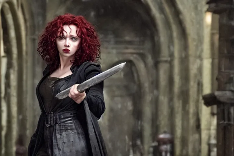 Image similar to film still Scarlet Johansson as Bellatrix Lestrange in Harry Potter movie