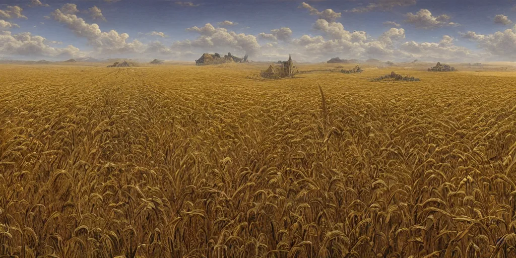 Prompt: Fantastical open landscape by Ted Nasmith, giant dragon skeleton, town, wheat fields, digital painting, concept art, landscape