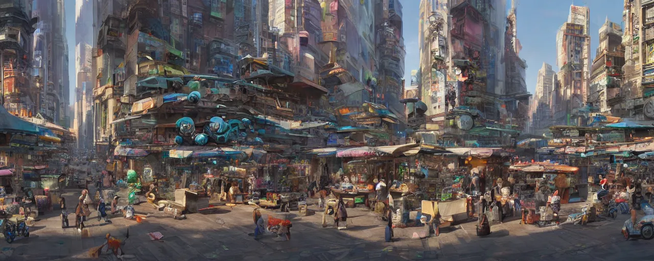 Image similar to street level view of a futuristic market and trading post at the center of a large advanced metropolis busy with activity lots of market signs aliens and people with a floating cars on the streets by craig mullins, neil blevins, dylan cole, james paick, hyper realistic, 8 k, vray render, artstation, deviantart,