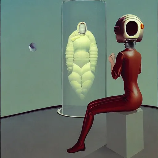 Image similar to portrait of an astronaut lady woman wearing helmet with tight black latex dress tight suit, Edward Hopper and James Gilleard, Zdzislaw Beksinski, Mark Ryden, Wolfgang Lettl highly detailed