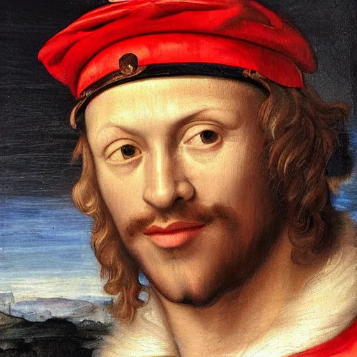 Image similar to british king michael jordan, portrait, renaissance painting, feathered cap, art gallery, famous painting