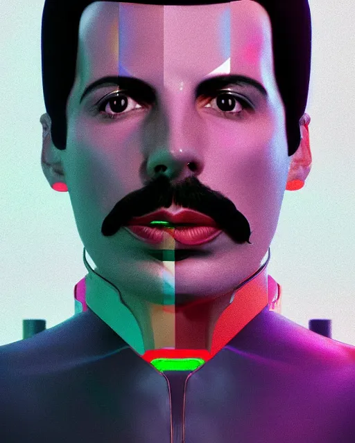 Image similar to portrait of 1978 Freddie Mercury as a cyborg. intricate abstract. intricate artwork. by Tooth Wu, wlop, beeple, dan mumford. octane render, trending on artstation, greg rutkowski very coherent symmetrical artwork. cinematic, hyper realism, high detail, octane render, 8k, iridescent accents