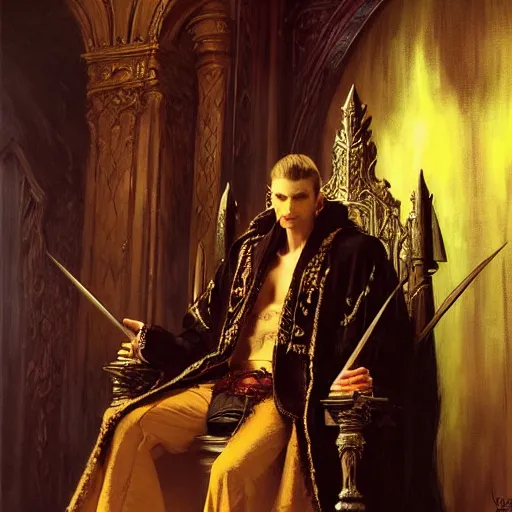 Image similar to perfectly centered portrait of attractive vampire king in a robe sitting on a throne of bones, highly detailed painting by gaston bussiere, craig mullins, j. c. leyendecker, 8 k