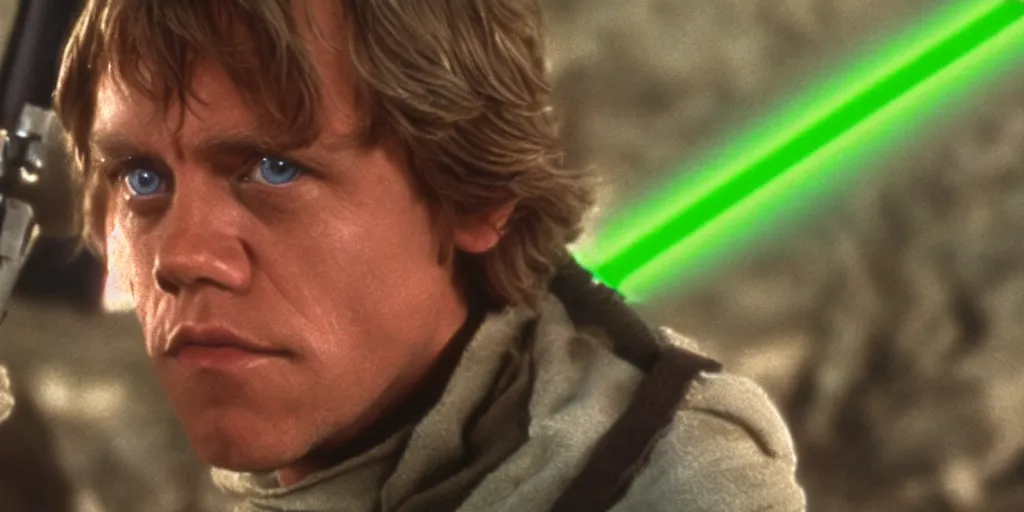 Image similar to Luke Skywalker Return of the jedi played by Mark Hamill 1983, sequel trilogy 80s, green lightsaber, ultra realistic, 4K, movie still, UHD, sharp, detailed, cinematic, render, modern