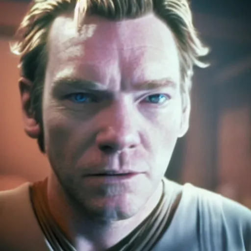 Prompt: film still of old ewan mcgregor as a ghost in star wars, blue ghost, transparent, epic lighting, highley detailled, kodak film