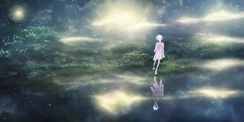 Prompt: white haired girl walking in cloud pond forest dusk, fractal dreamscape, shattered sky cinematic, shooting stars, mirror reflection, vibrant colors, digital anime illustration, award winning, by makoto shinkai