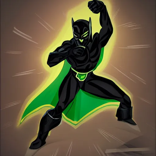 Prompt: dark - skinned superhero with a black suit and very minimal green details, his power comes from a ring that gives him mutant - like powers and a spectacular mask as a weapon he has an expandable staff. he wears no cape. he has a belt as a feline tail, digital art