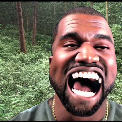 Image similar to trailcam footage of kanye west crying and screaming in the forest