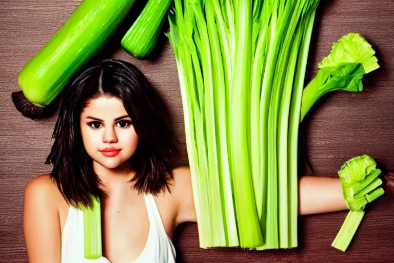 Image similar to selena gomez made out of celery, a human face with celery for hair, celery in the shape of a human face, a bunch of celery sitting on a cutting board, professional food photography