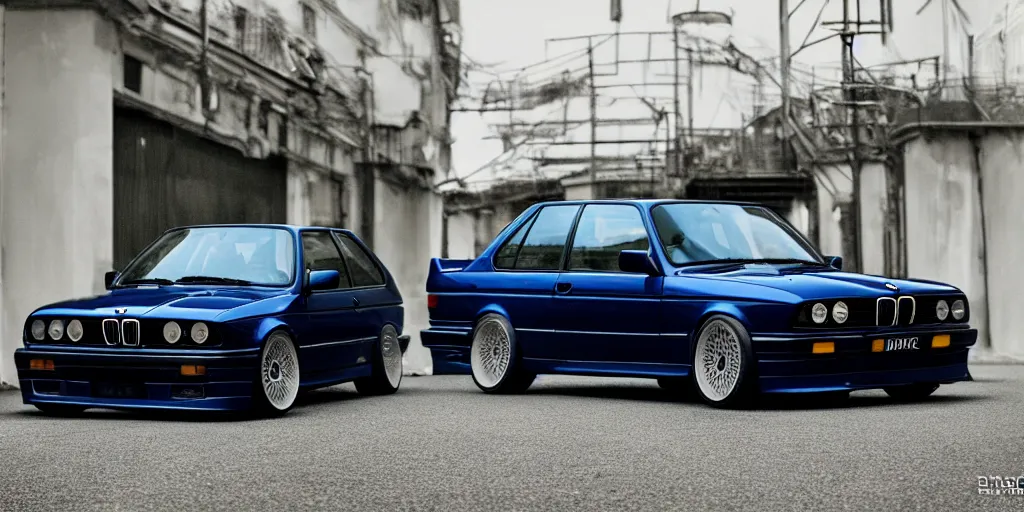 Image similar to bright dark blue BMW e30, hyper realism, depth of view 8k.