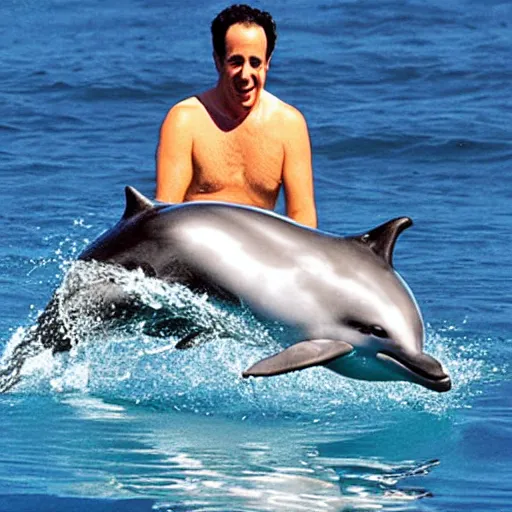 Image similar to jerry seinfeld swimming with a dolphin