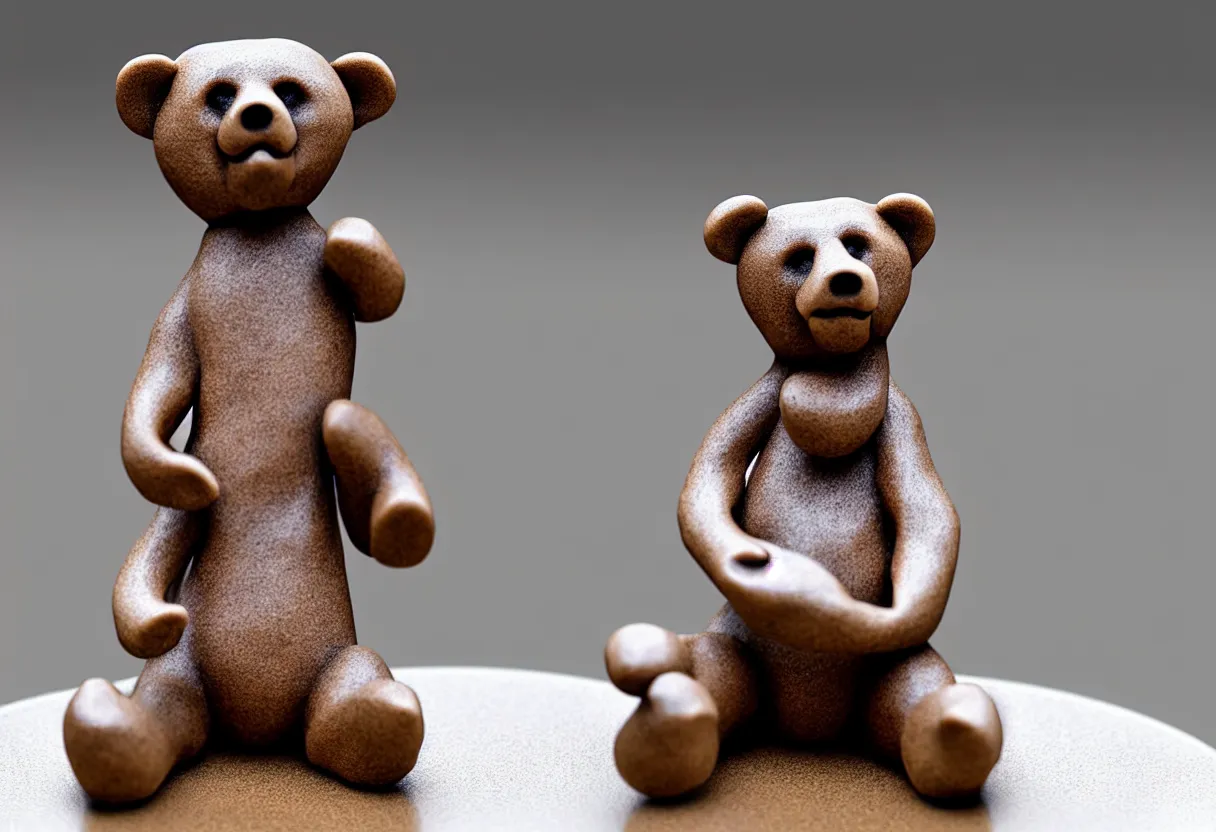 Image similar to clay bear figurine stylized on a marble table, hyper realism, low depth of field