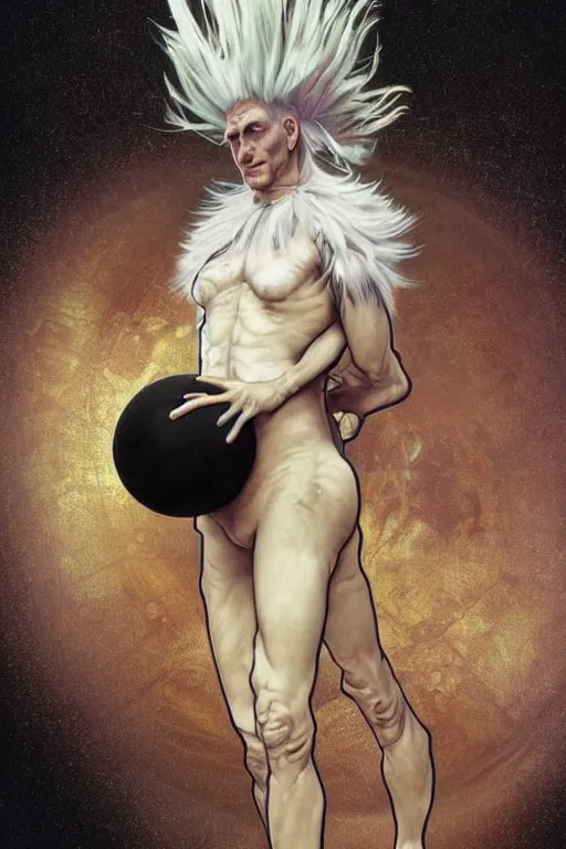 Image similar to surreal 4k HD digital full body portrait of humanoid basketball, white hair mohawk, black paper, b-ball monster, arms and legs on spherical humanoid creature, basketball pustules, by Alphonse Mucha, Craig Mullins, Marc Simonetti, Artstation