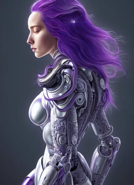 Prompt: a photorealistic detailed image of a beautiful stoic pale woman in sci - fi bionic armor with purple hair, detailed, intricate, elegant, highly detailed, digital painting, artstation, concept art, smooth, sharp focus, illustration, art by hana yata, artem demura, alphonse mucha, octane render, unreal engine, 8 k