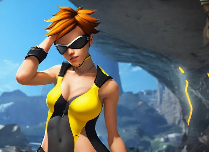Image similar to tracer game character, in yellow bikini, blonde hair, black eyes, full height