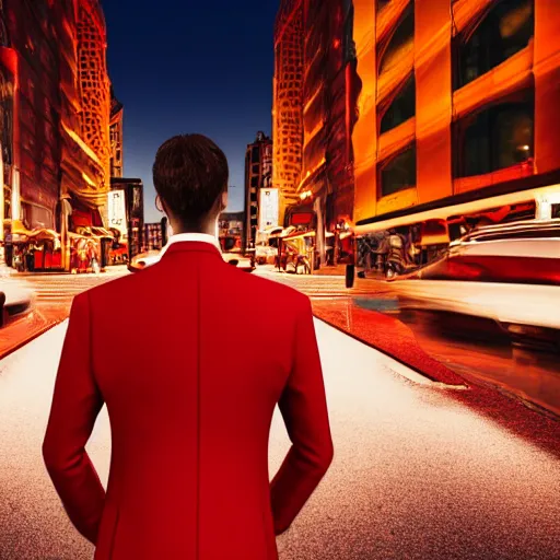 Image similar to a man with an elegant red suit, photography, 3 d render, at night, buildings