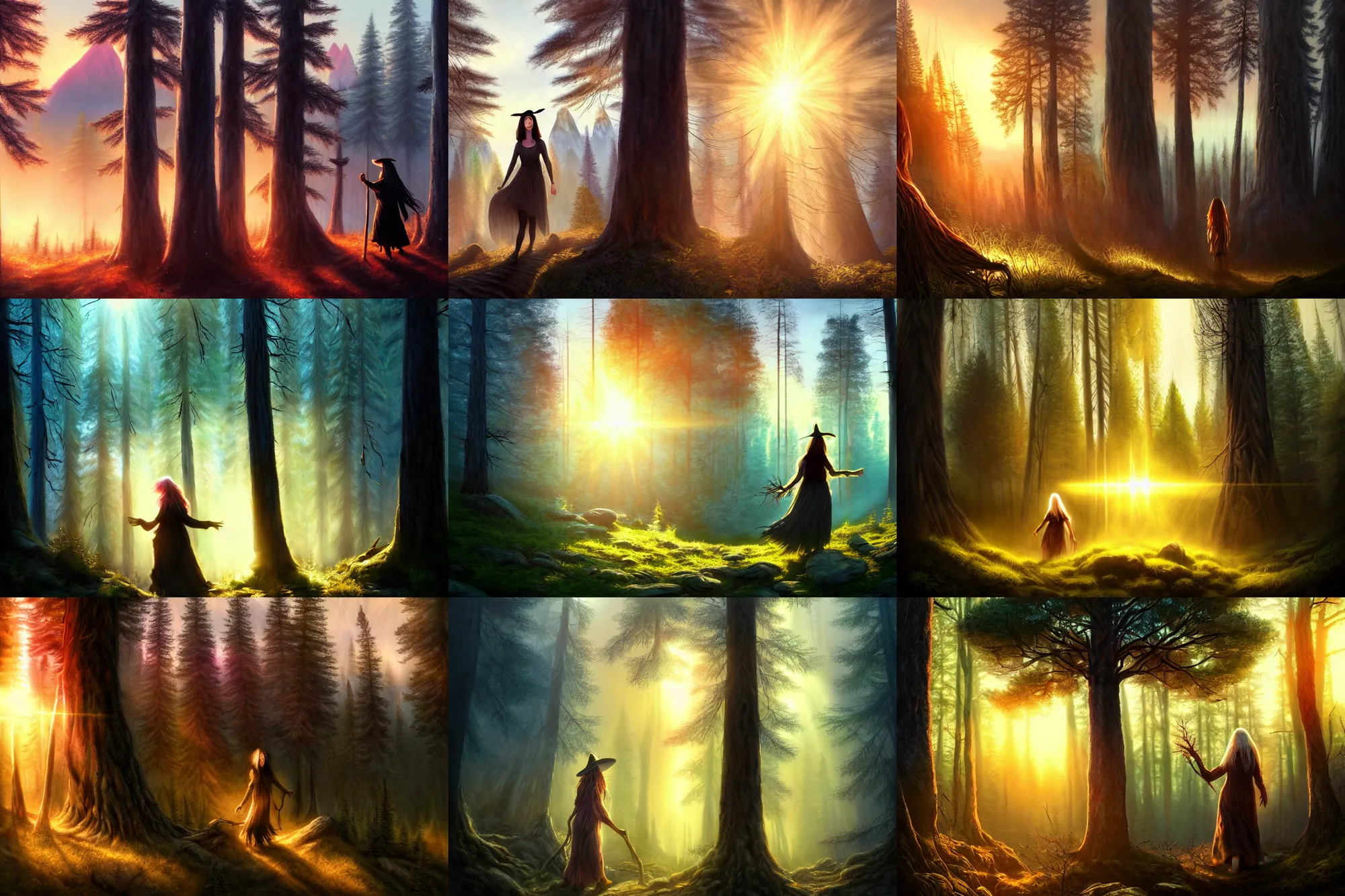 Prompt: ancient witch walking through a forest looking up at a tree during a beautiful sunset, lens flare, mountains in background with incredibly tall trees, highly detailed, hyperrealism high detailed figure, trending on artstation, ancient forest, misty forest, wispy smoke, realistic painting, sharp image, hyper realistic art, high detailed leaves, cinematic, illustration, concept art