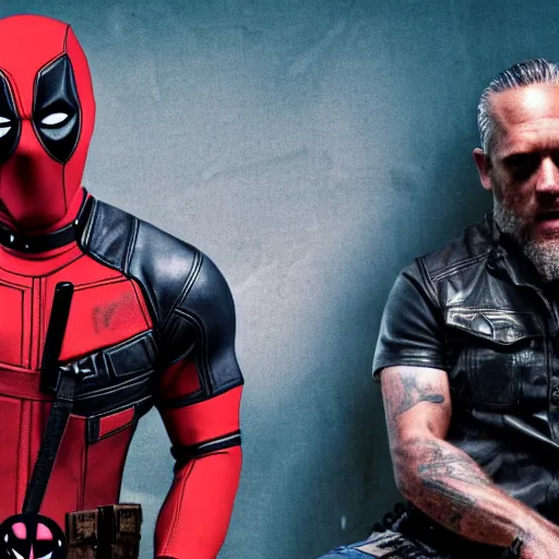 Image similar to deadpool in sons of anarchy 4 k detailed