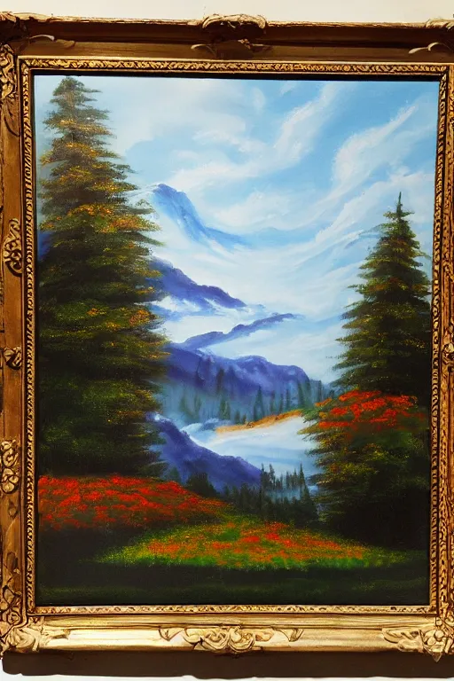 Prompt: a bob ross traditional landscape painting