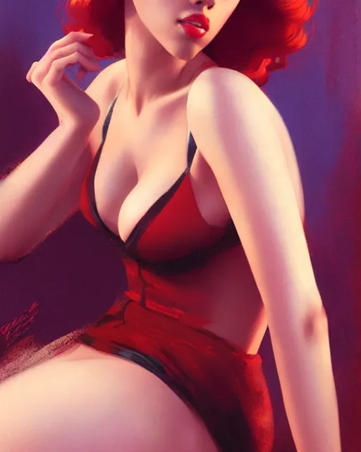 Prompt: photo of scarlett johansson, by greg rutkowski, gil elvgren, glossy skin, pearlescent, anime, maxim magazine,