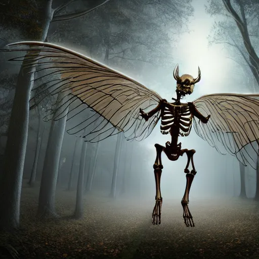 Prompt: skeleton of a mysterious fantasy winged creature in a forest at night, 4 k, photorealistic