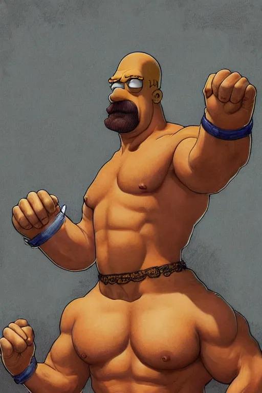 Image similar to portrait of homer simpson as a hulking herculean man, forest, godlike, full body, fantasy, intricate, elegant, highly detailed, digital painting, artstation, concept art, sharp focus, illustration, art by artgerm and greg rutkowski and alphonse mucha