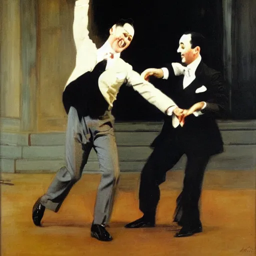 Image similar to Gene Kelly dancing with Pee Wee Herman, by Sir James Guthrie, hyperrealism