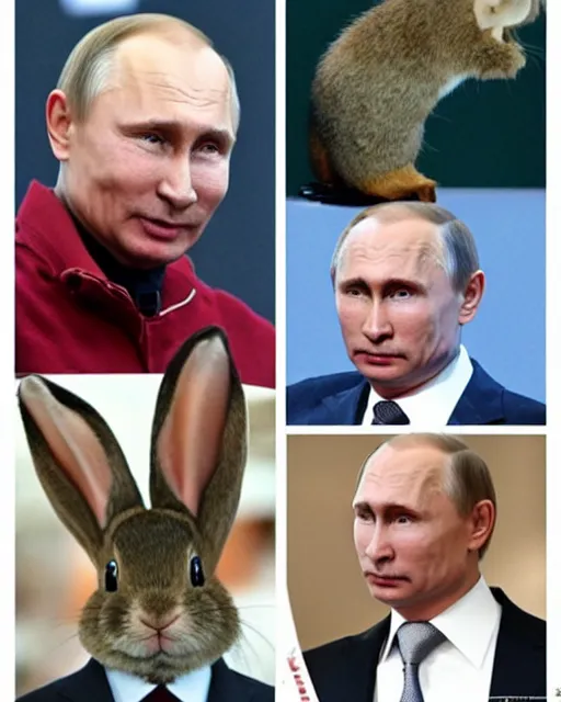 Prompt: photos of vladimir putin with long rabbit ears, and a cute rabbit nose