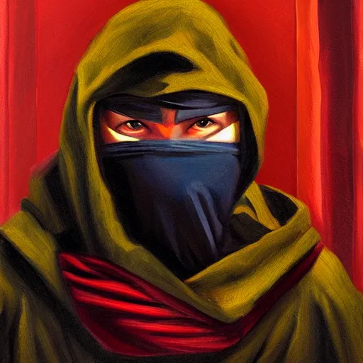 Image similar to hooded ninja, oil painting, portrait, intricate complexity, rule of thirds, character concept, dramatic lighting, complementary colors