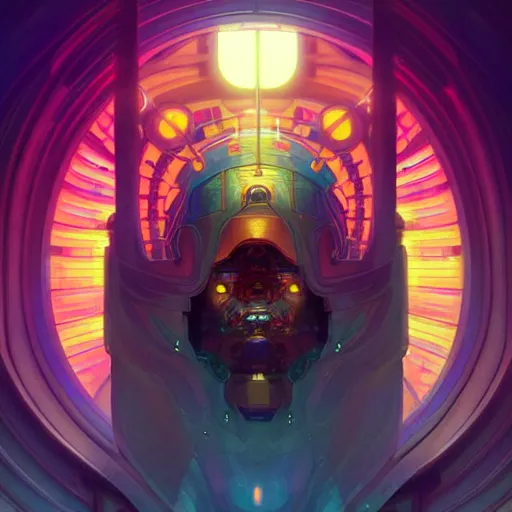 Image similar to a cybernetic temple, vaporwave aesthetic, colorful, psychedelic, digital painting, artstation, concept art, smooth, sharp focus, illustration, art by artgerm and greg rutkowski and alphonse mucha